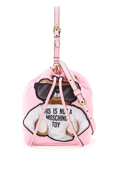 Moschino Teddy Bear Mini Bucket Bag In Pink,black
