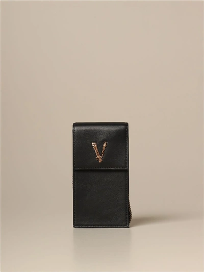 Versace Phone Holder Bag In Leather In Black