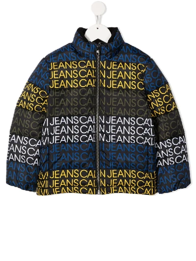 Calvin Klein Kids' All-over Logo Print Padded Jacket In Black