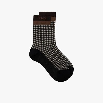 Fendi Jacquard Gingham-print Socks In Brown