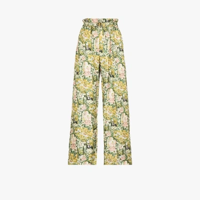Shrimps Libra Buckle-embellished Printed Silk-twill Wide-leg Trousers In Green
