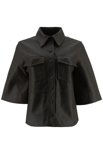 Ganni Bell-sleeve Leather Shirt In Black