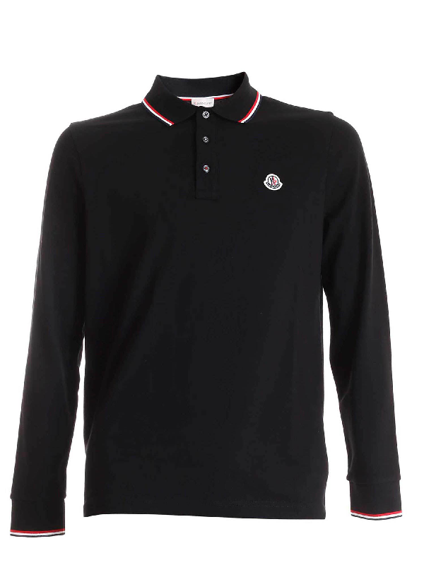 Moncler Logo Patch Long-sleeves Polo Shirt In Black | ModeSens