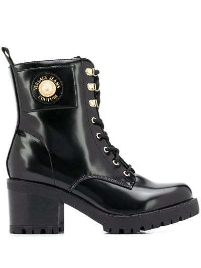 Versace Jeans Couture Lace-up Block Heel Boots In Black ,gold