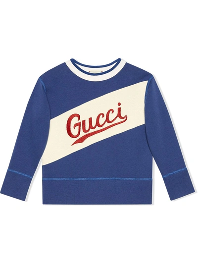 Gucci Kids' Logo刺绣长袖套头衫 In Blue