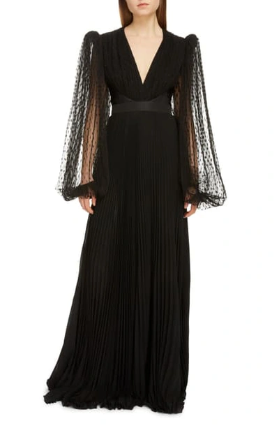 Givenchy Plumetis Long Sleeve Pleated Tulle Gown In Black