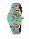 GUCCI GOLDPLATED & FLORAL LEATHER-STRAP WATCH,0400012895497