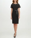 CALVIN KLEIN FAUX-LEATHER BELTED SHEATH DRESS