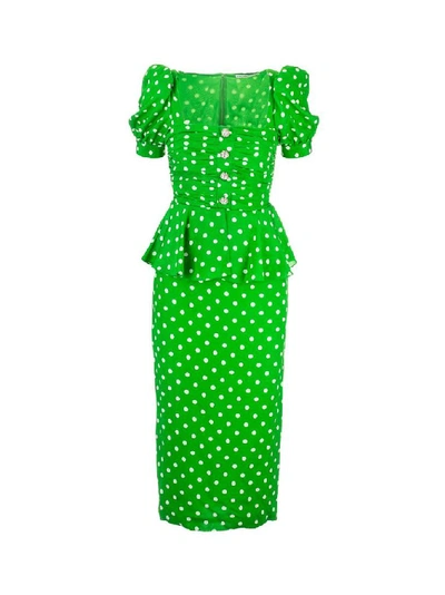 Alessandra Rich Ruched Embellished Polka-dot Silk Crepe De Chine Midi Dress In Green