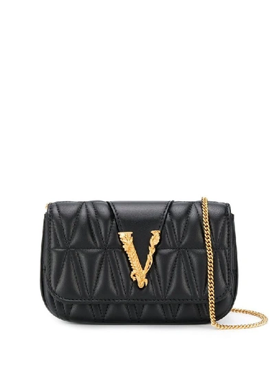 Versace Virtus绗缝皮革单肩包 In Black