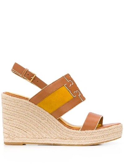 Tory Burch Two-tone Leather And Suede Espadrille Wedge Sandals In Yellow