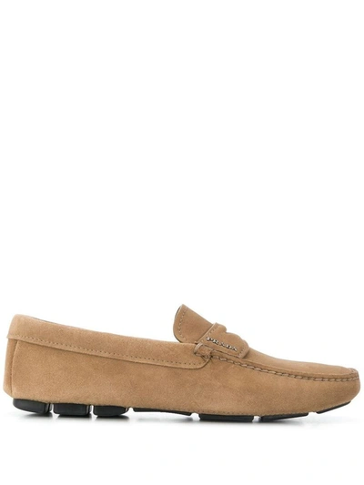 Prada Scamosciato Suede Driver Loafers In Beige