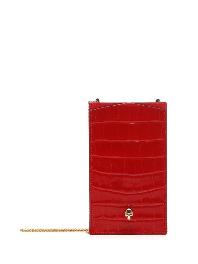 Alexander Mcqueen Skull Embellished Croc Embossed Patent Leather Chain Phone Case In Red