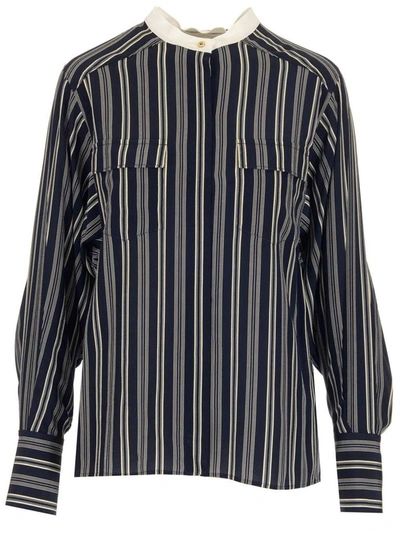 Chloé Striped Mandarin Collar Shirt In Blue