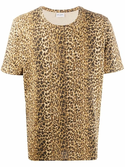 Saint Laurent Leopard-print Knitted T-shirt In Brown