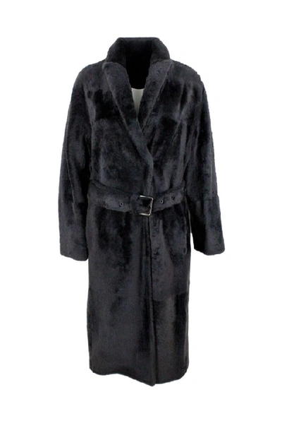 Brunello Cucinelli Reversible Coat In Soft Shearling With Hood In Grey