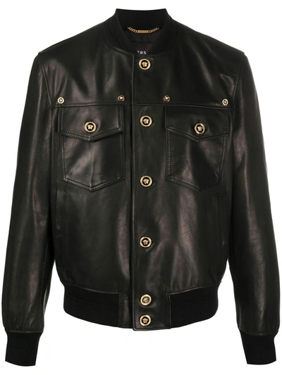 Versace Medusa Head Details Leather Jacket In Brown