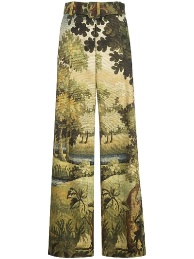 Oscar De La Renta Printed Full Leg Belted Trouser In Green