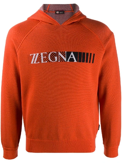 Ermenegildo Zegna Logo Print Wool Hoodie In Orange