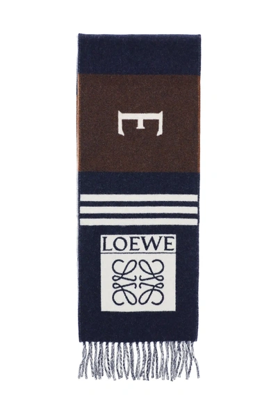 Loewe Striped Scarf With Football Logo In Blue,brown,white