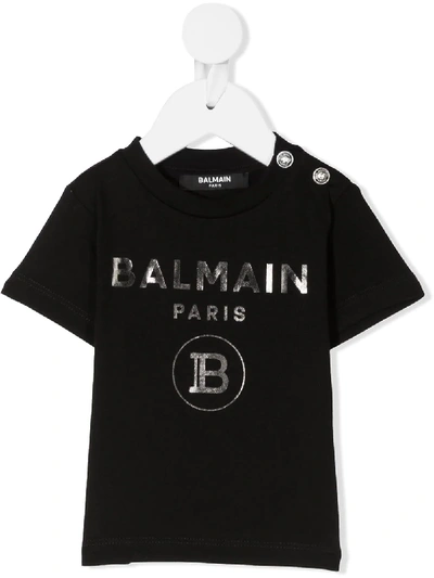 Balmain Babies' Button Detail Logo T-shirt In Black