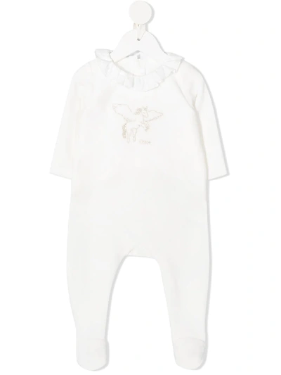 Chloé Babies' Pegasus Embroidery Ruffled Collar Pyjama In White