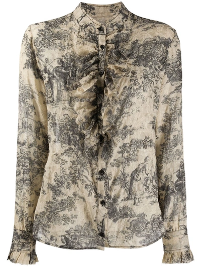 Uma Wang Floral Print Ruffled Shirt In Black