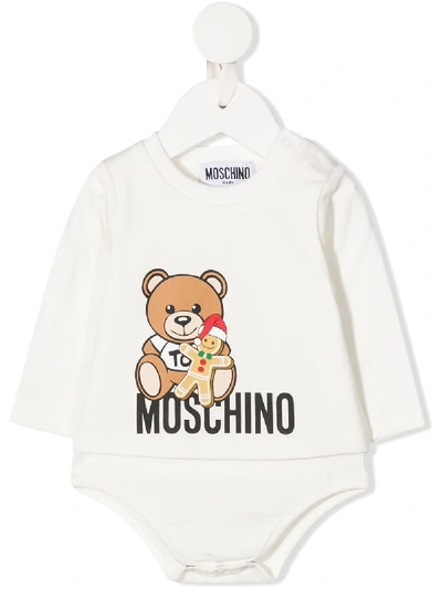 Moschino Babies' Logo-print Crew Neck Bodysuit In White