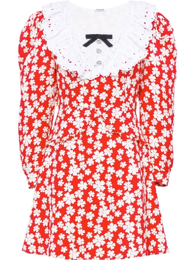 Miu Miu Floral Printed Satin Jacquard Dress In Red | ModeSens