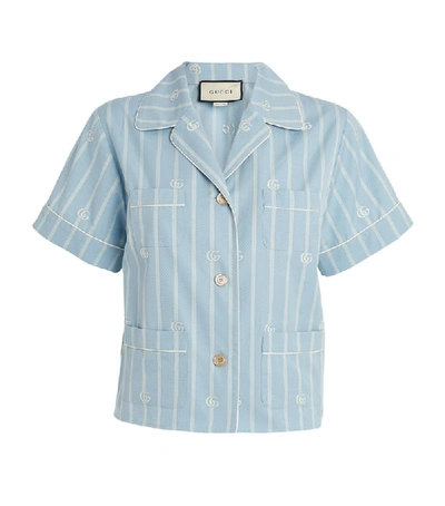 Gucci Gg-embroidered Striped Cotton Shirt In Light Blue