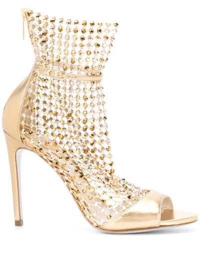 René Caovilla Crystal-embellished Mesh And Metallic Leather Sandals In Beige