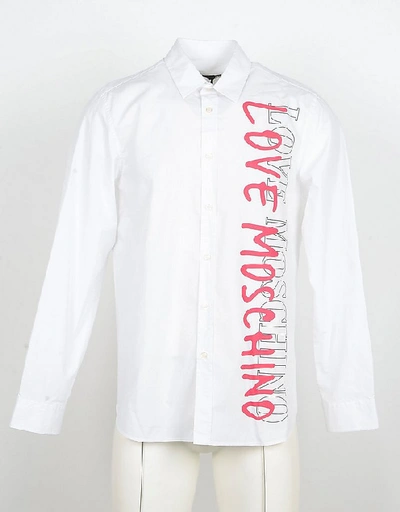Love Moschino Shirts Signature Print White Cotton Men's Shirt W/long Sleeve