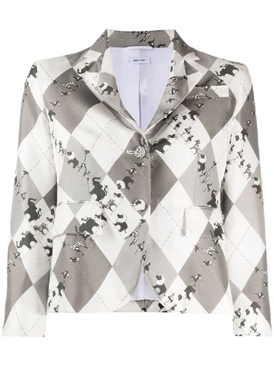 Thom Browne Unconstructed Classic Sb S/c In Classic Argyle Fun Mix Animal Icon Printed Silk Twill In Grey
