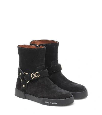 Dolce & Gabbana Kids' Dg-lettering Suede Ankle Boots In Black