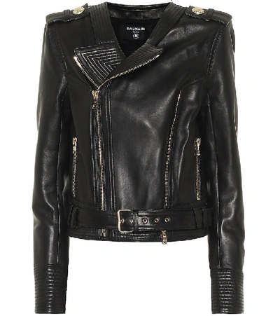 Balmain Black Leather Biker Jacket In Black