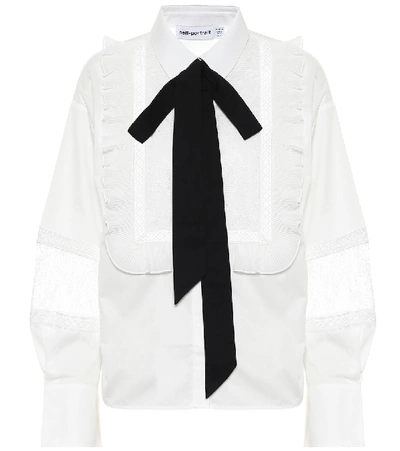 Self-portrait Bow-detailed Lace-trimmed Ruffled Cotton-poplin Shirt In White