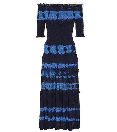 Altuzarra Ayaka Smocked Tie-dyed Knit Off-the-shoulder Dress In Blue