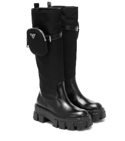Prada Monolith Leather Knee-high Boots In Black
