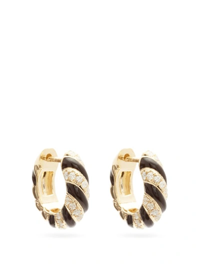 Yvonne Léon 9k Yellow Gold Striped Enamel Diamond Hoop Earrings