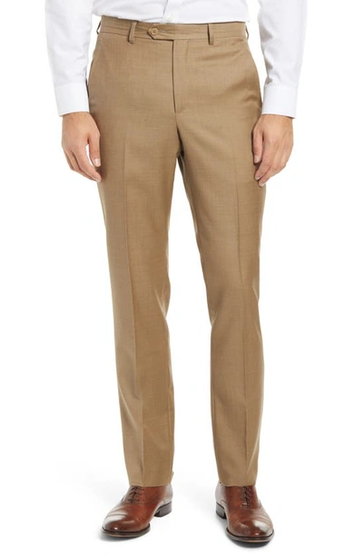 Santorelli Roma Flat Front Wool Dress Pants In Tan