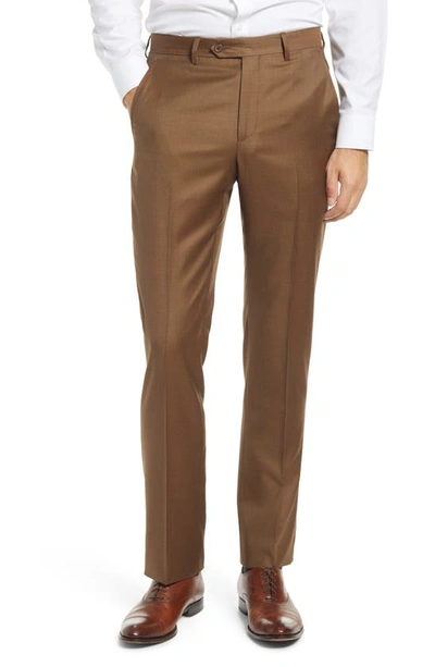 Santorelli Roma Flat Front Wool Dress Pants In Brown