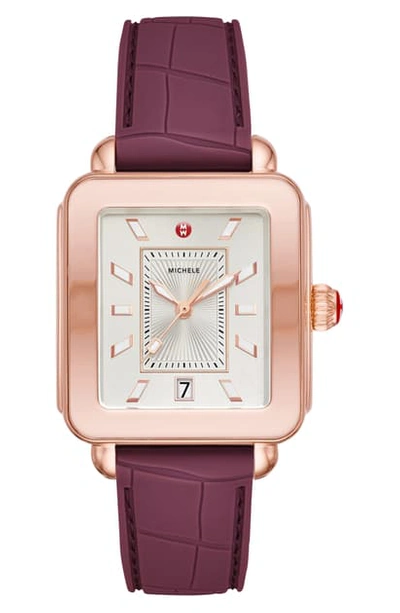Michele Deco Sport Watch Head & Silicone Strap, 34mm X 36mm In Plum/ White Sunray/ Pink Gold