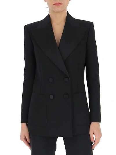 Saint Laurent 双排扣缎布边饰羊毛斜纹布西装外套 In Black