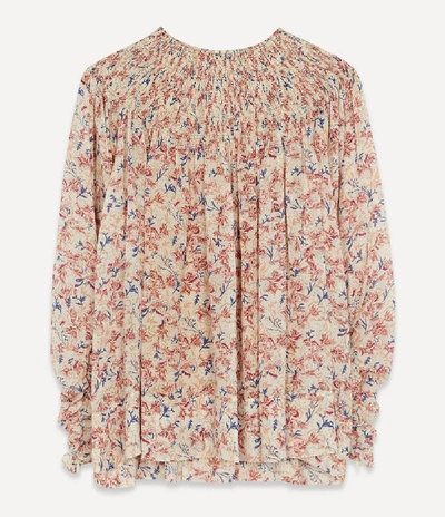 Chloé Ruched Shirred Floral-print Silk Blouse In White