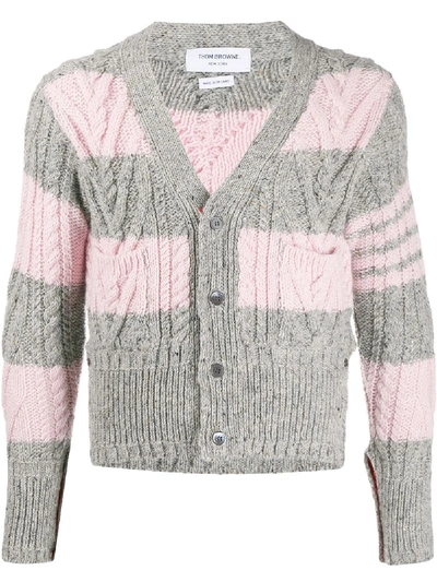 Thom Browne Pink & Grey Mohair Aran Cable 4-bar Cardigan