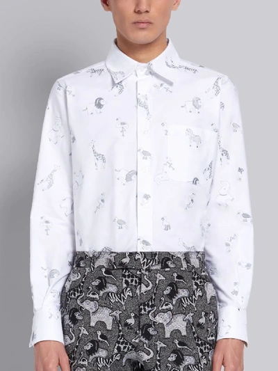 Thom Browne White Cotton Oxford Multi-icon Embroidered Straight Fit Long Sleeve Shirt