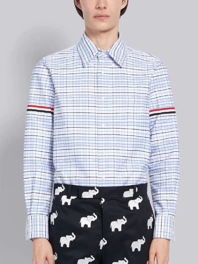 Thom Browne Blue Tricolor Cotton Oxford Check Grosgrain Armband Long Sleeve Shirt In White