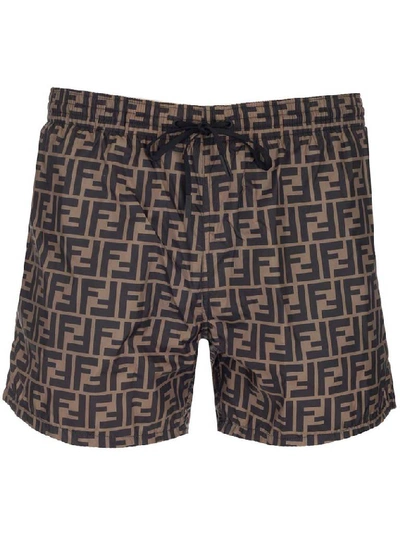Fendi Ff-logo Drawstring Swim Shorts In Tobacco,brown