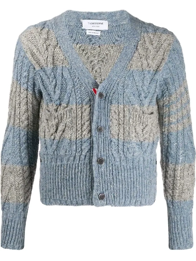 Thom Browne Blue & Grey Mohair Aran Cable 4-bar Cardigan