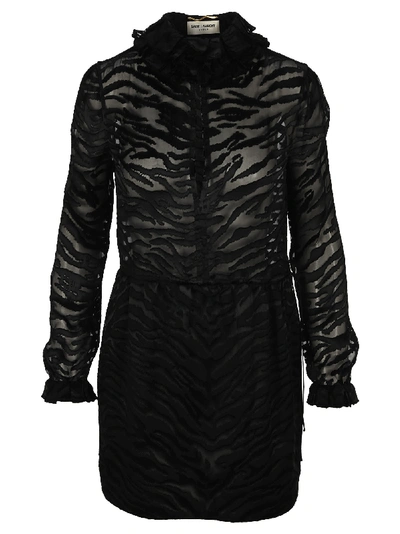 Saint Laurent Zebra Print Sheer Dress In Black